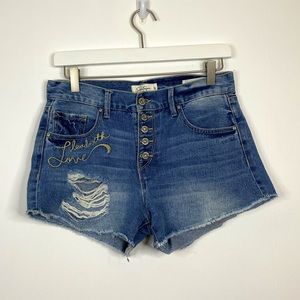 JESSICA SIMPSON Super Short Button Fly Embroidered High Waisted Jean Shorts